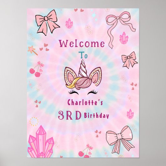 Tie Dye Unicorn Coquette Bow Birthday welcome sign Poster (Voorkant)