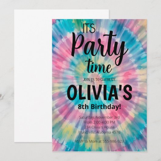 Tie Dye Verjaardag Uitnodiging Rainbow Tie Dye Geb (Voorkant / Achterkant)