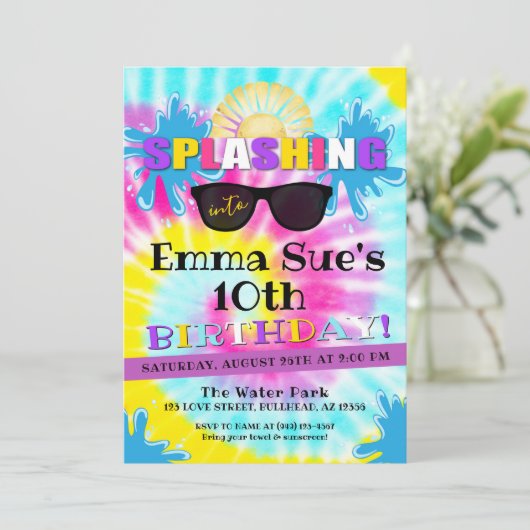 Tie Dye Water Pool Party uitnodiging (Staand voorkant)