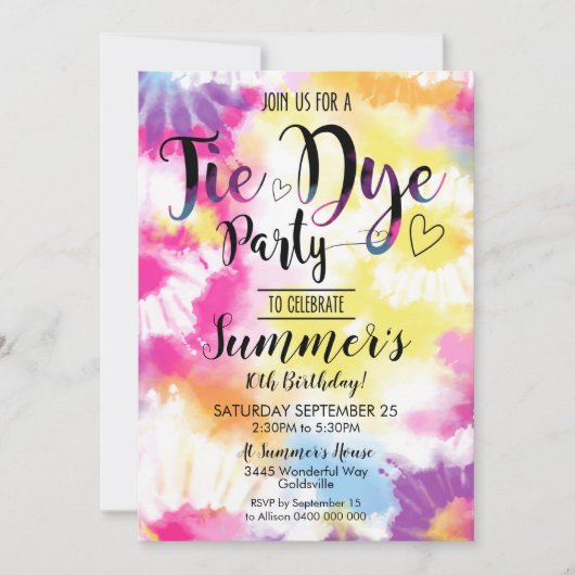 Tiedye-feest uitnodiging Hippie Tiedye (Voorkant)