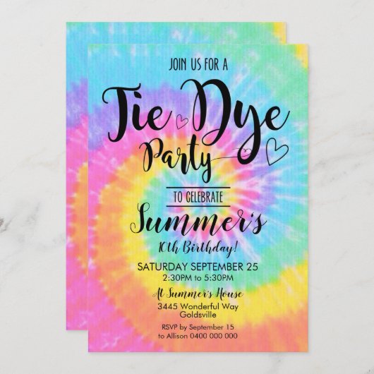 Tiedye-feest uitnodiging Hippy Tiedye (Voorkant / Achterkant)