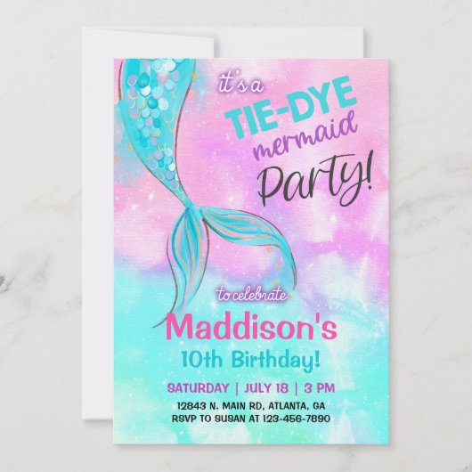TieDye mermaid Girl Birthday-uitnodiging. Kaart (Voorkant)