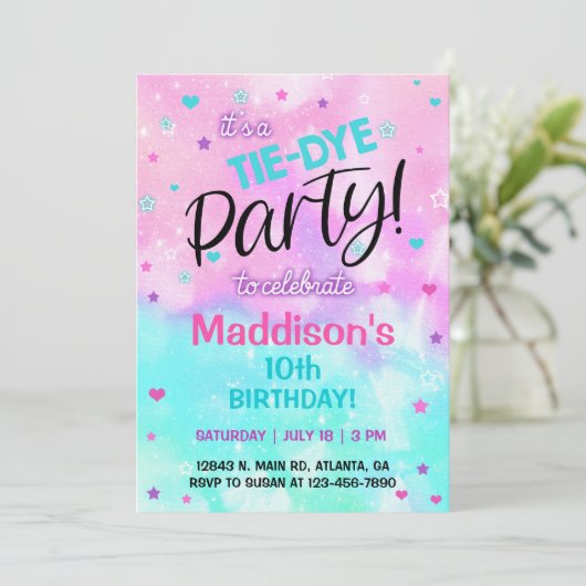 TieDye pastel Girl Birthday-uitnodiging. Uitnodigi Kaart (Staand voorkant)