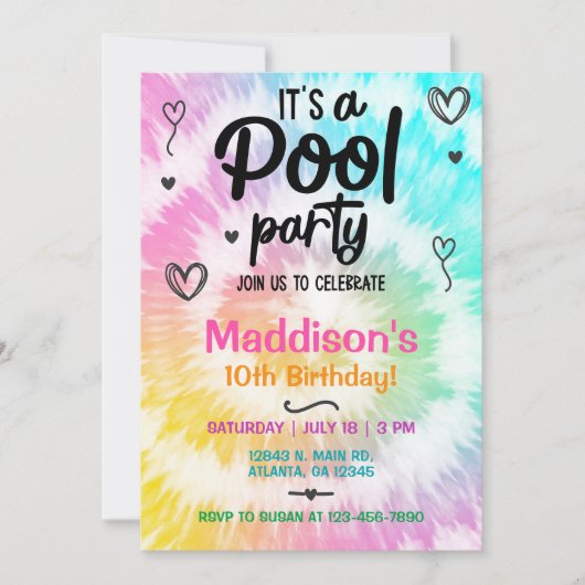 TieDye poolparty Girl Birthday nodig. Kaart (Voorkant)