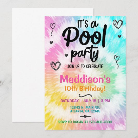 TieDye poolparty Girl Birthday nodig. Kaart (Voorkant / Achterkant)