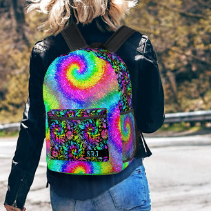 Tiedye Psychedelische Retro Hippie Bloemen Monogra Bedrukte Rugzak