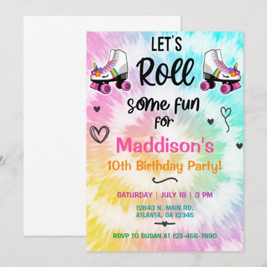 TieDye roller skating Girl Birthday nodig. Kaart (Voorkant / Achterkant)