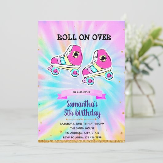 Tiedye rollerschaatsfeest Uitnodiging (Staand voorkant)