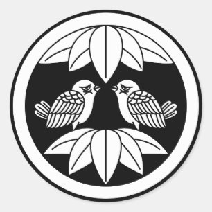 Tien bamboe bladeren & naar voren gerichte mussen  ronde sticker