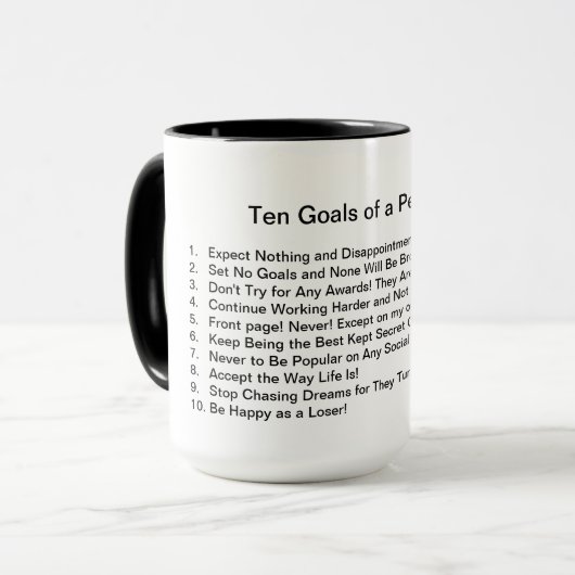 Tien Doelen van een Pessimist Mok (Voorkant links)