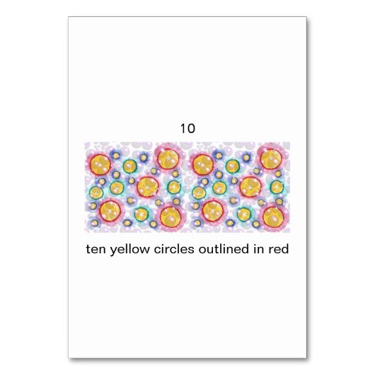 Tien gele cirkels, met rode, nummerflashcards kaart (Achterkant)