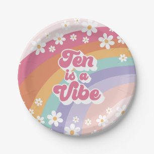 Tien is een Vibe Retro Regenboog 10e verjaardag Papieren Bordje