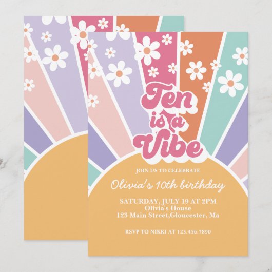 Tien is een Vibe Retro Sunshine Rainbow Daisy Kaart (Voorkant / Achterkant)