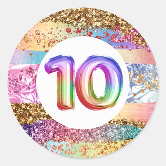 Tien jaar oude regenboog glitter fonkeling kindere ronde sticker (Voorkant)