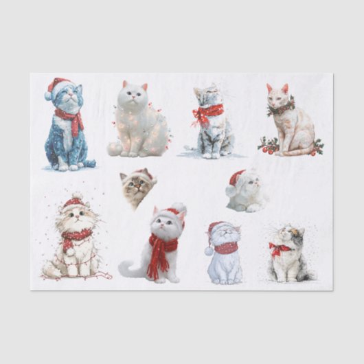 Tien Kerstkatten op een Witte Achtergrond Tissuepapier (Voorkant)