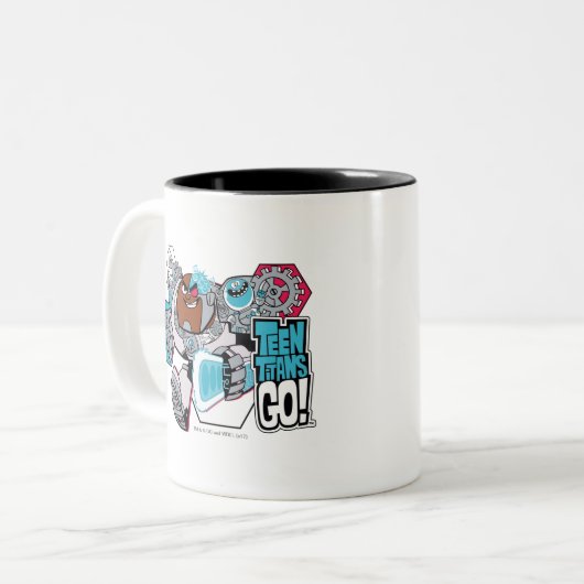Tien Titans gaan! | Grafisch schilderij van Cyborg Tweekleurige Koffiemok (Voorkant links)