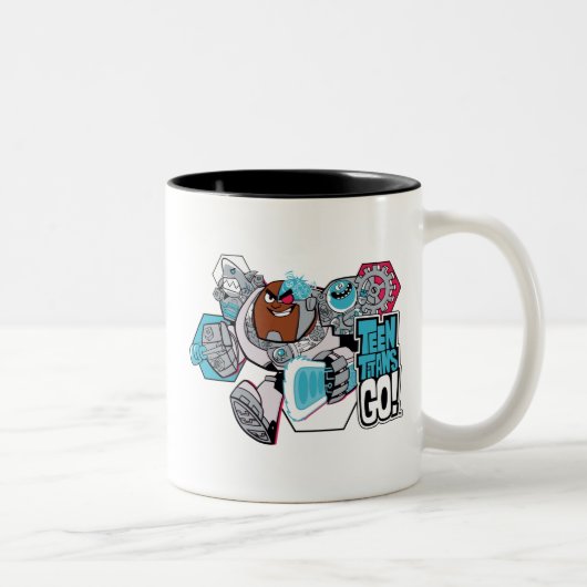 Tien Titans gaan! | Grafisch schilderij van Cyborg Tweekleurige Koffiemok (Rechts)