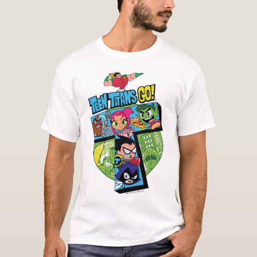 Tien Titans gaan! | Titans Tower Collage T-shirt (Voorkant)