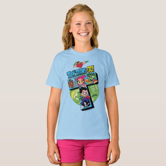 Tien Titans gaan! | Titans Tower Collage T-shirt (Voorkant volledig)