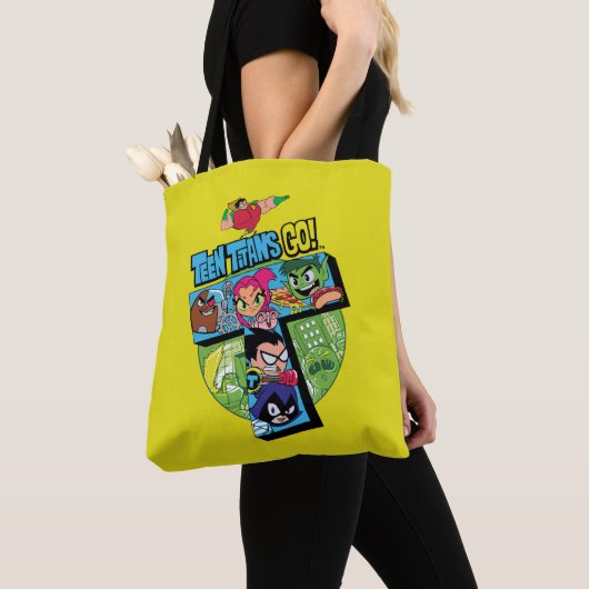 Tien Titans gaan! | Titans Tower Collage Tote Bag (Dichtbij)