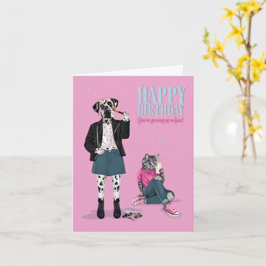 Tienage Birthday voor haar hond en kat op Kaart (Gele Bloem)