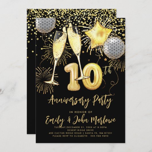 Tiende Jubileum Gold Glitter Confetti Champagne Kaart (Voorkant / Achterkant)