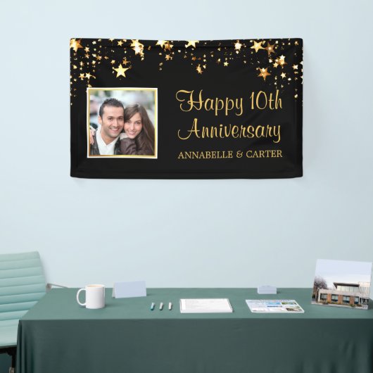 Tiende Jubileum Modern Black Gold Stars Foto Spandoek (Beurs)