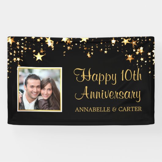 Tiende Jubileum Modern Black Gold Stars Foto Spandoek (Horizontaal)