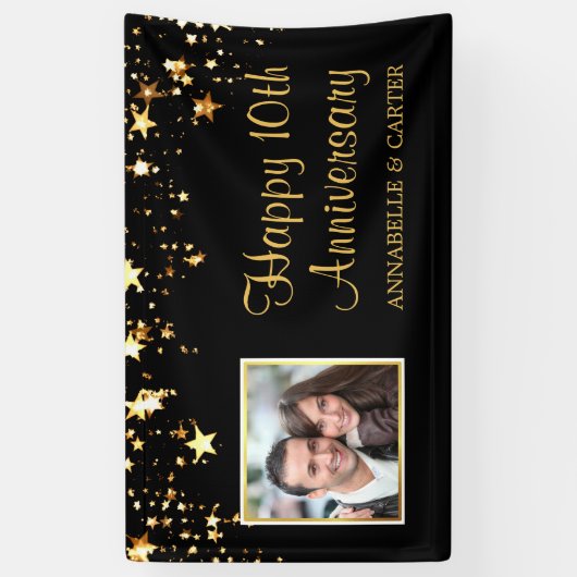 Tiende Jubileum Modern Black Gold Stars Foto Spandoek (Verticaal)