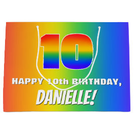 Tiende verjaardag: kleurrijk, vun regenboogpatroon groot cadeauzakje