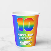 Tiende verjaardag: kleurrijk, vun regenboogpatroon papieren bekers (Achterkant)