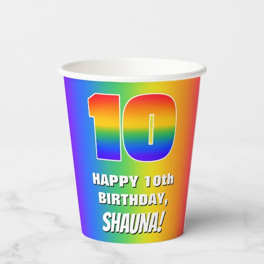 Tiende verjaardag: kleurrijk, vun regenboogpatroon papieren bekers (Achterkant)