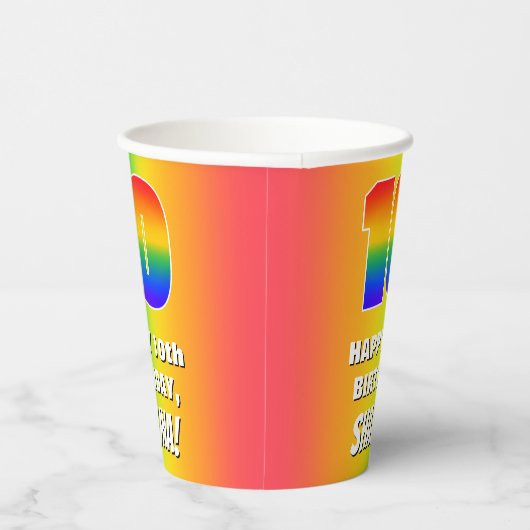 Tiende verjaardag: kleurrijk, vun regenboogpatroon papieren bekers (Rechts)