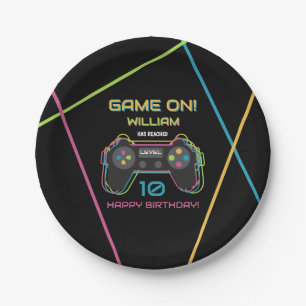Tiener Gamen Gamer Videospel Speler Neon Verjaarda Papieren Bordje