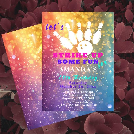 Tiener Glitter Bowling Verjaardagsfeestuitnodiging Kaart
