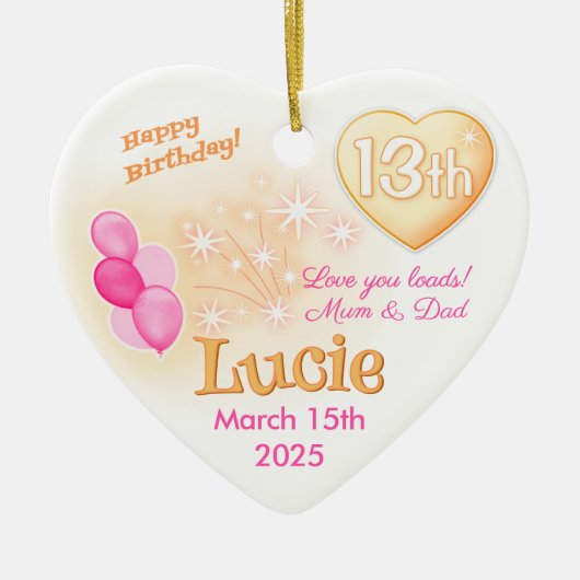 Tiener Hart 13e Verjaardag Meisje Dochter Roze Keramisch Ornament (Voorkant)