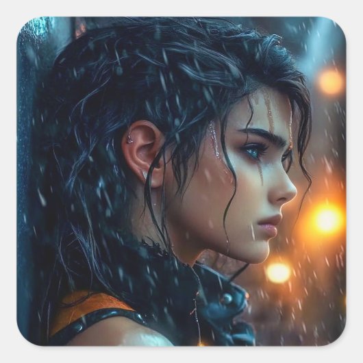 Tiener in de regen vierkante sticker (Voorkant)