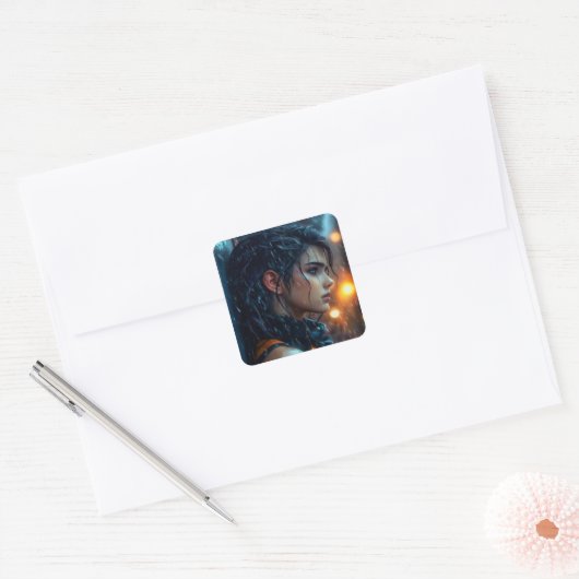 Tiener in de regen vierkante sticker (Envelop)