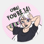 Tiener Meisje Roze Cartoon Punk 14e Verjaardag Ronde Sticker (Voorkant)
