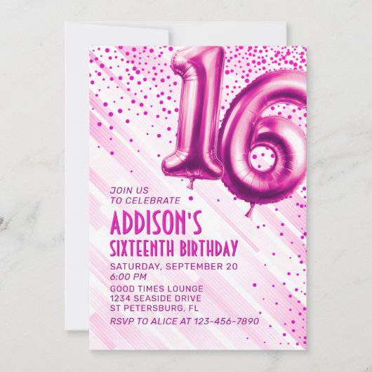 Tiener Meisjes Roze 16e verjaardag Uitnodiging (Voorkant)