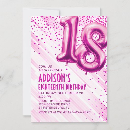 Tiener Meisjes Roze 18e verjaardag Uitnodiging (Voorkant)
