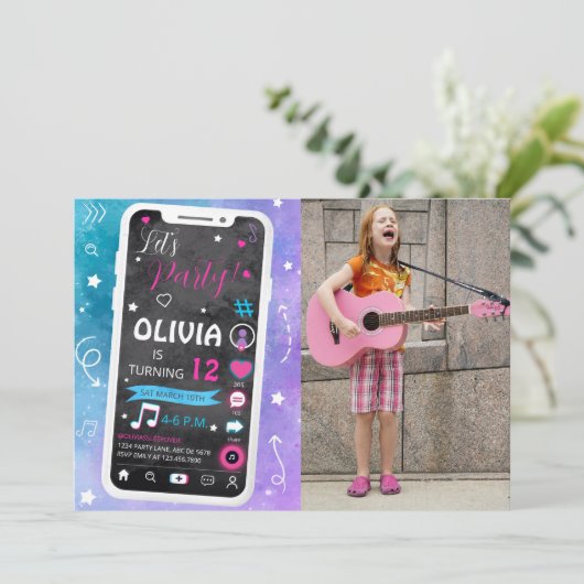 Tiener Muziek Ster Verjaardag Foto Kaart (Staand voorkant)