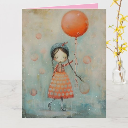 TIENER OF KLEIN MEISJE VERJAARDAG BALLON WENSKAART KAART (Gele Bloem)