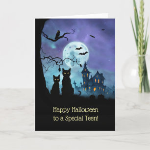 Tiener of tiener Happy Halloween zwarte katten Kaart