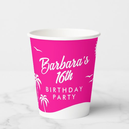 Tiener Verjaardag Trendy Strand Hot Pink Sweet 16 Papieren Bekers (Voorkant)