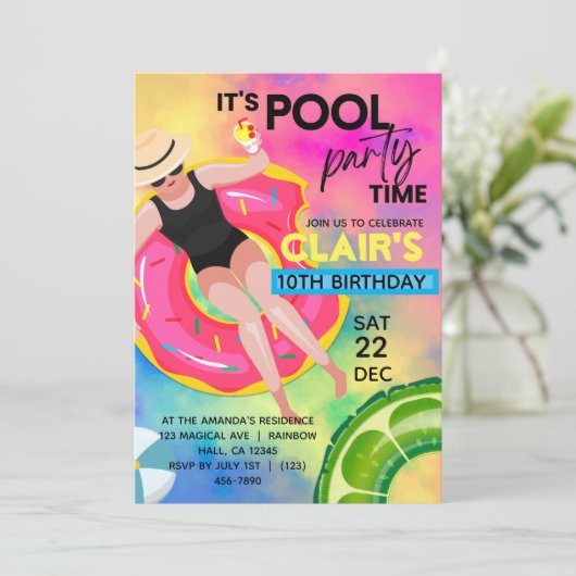 Tiener Zwembad Verjaardag uitnodigingen Zwemfeest (Staand voorkant)