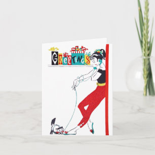 Tienerin op de telefoon met Kitty, jaren 50 Feestdagen Kaart