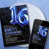 Tienerjongen Blauw 16e verjaardagsuitnodiging Kaart
