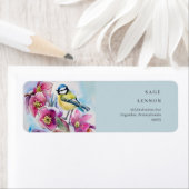 Tietvogel op cyclomeen roze bloemen, waterverf etiket (Insitu)