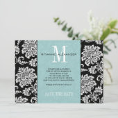 Tiffany Black Monogram Damask Save The Date Kaart (Staand voorkant)